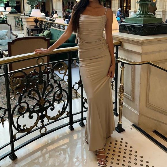 La Femme Ruched Trumpet Dress strappy back. - Picture 3 of 5